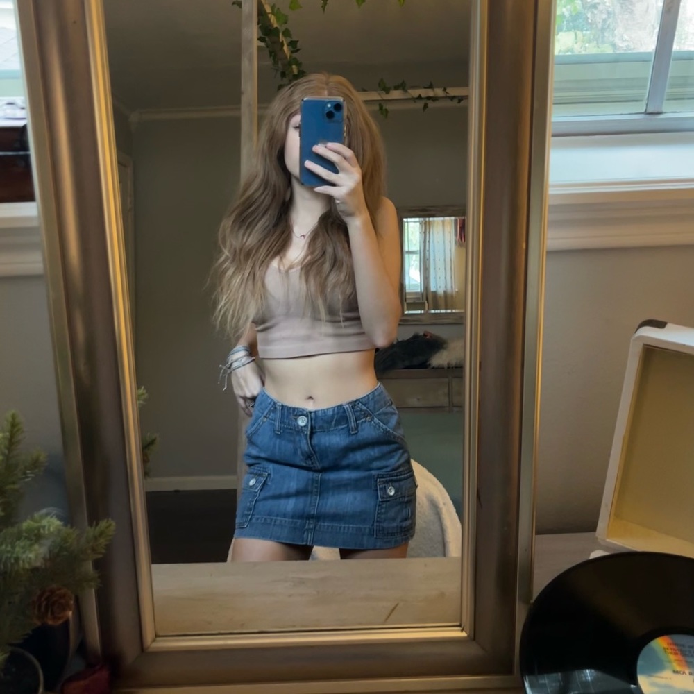 old navy ultra low rise denim jean mini skirt